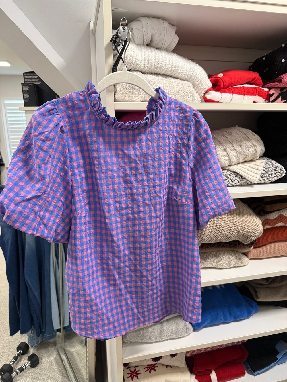 Women's Pink & Purple Gingham Ruffle Neck Short Sleeve Top
